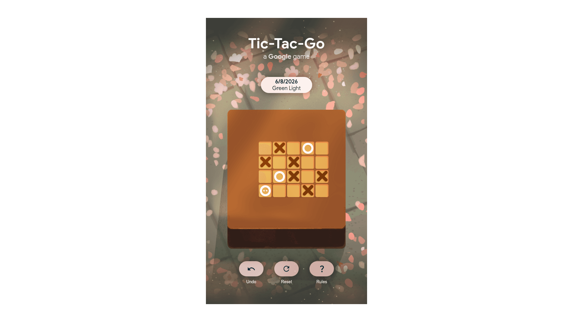 A Browserless capture of Google Tic Tac Go showing the Green Light puzzle