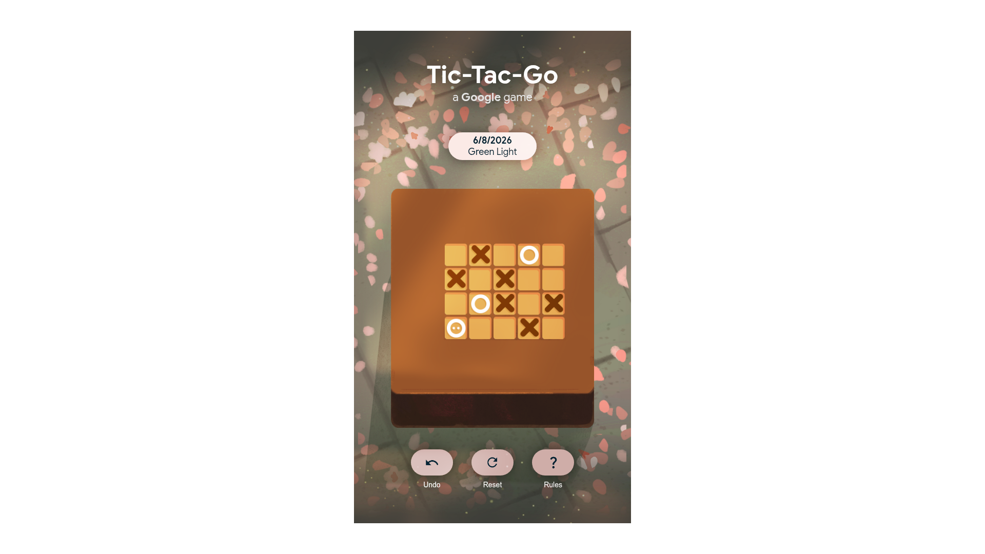 A Browserless capture of Google Tic Tac Go showing the Green Light puzzle